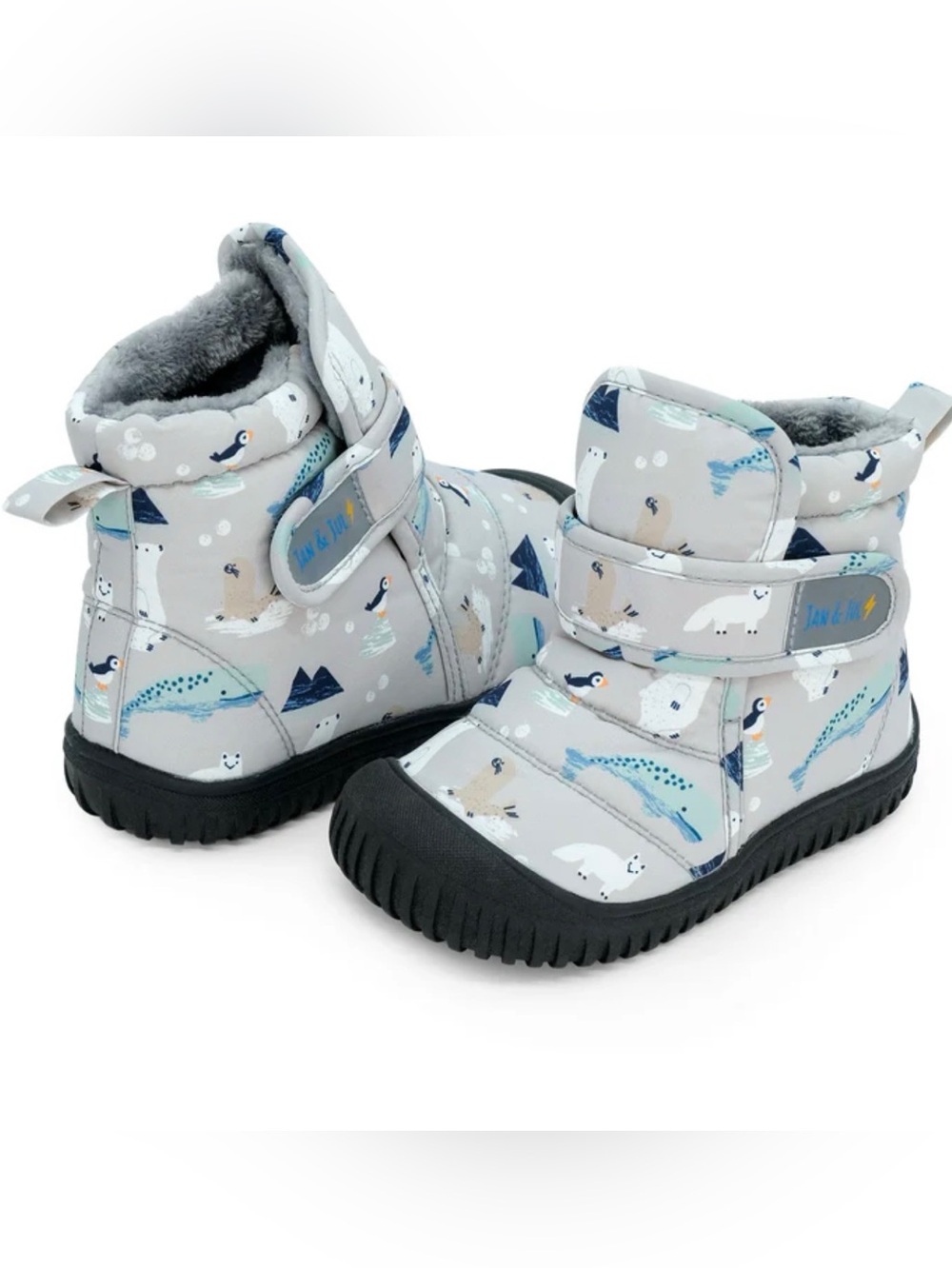 Jan & Jul Kids Waterproof Gray Arctic Print Snow Boots with Easy Hook-and-Loop